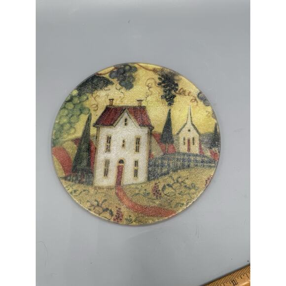 Vintage Round Glass Trivet Hot Plate Country Farmhouse Scene 7.5” Kitchen Decor - Picture 1 of 3
